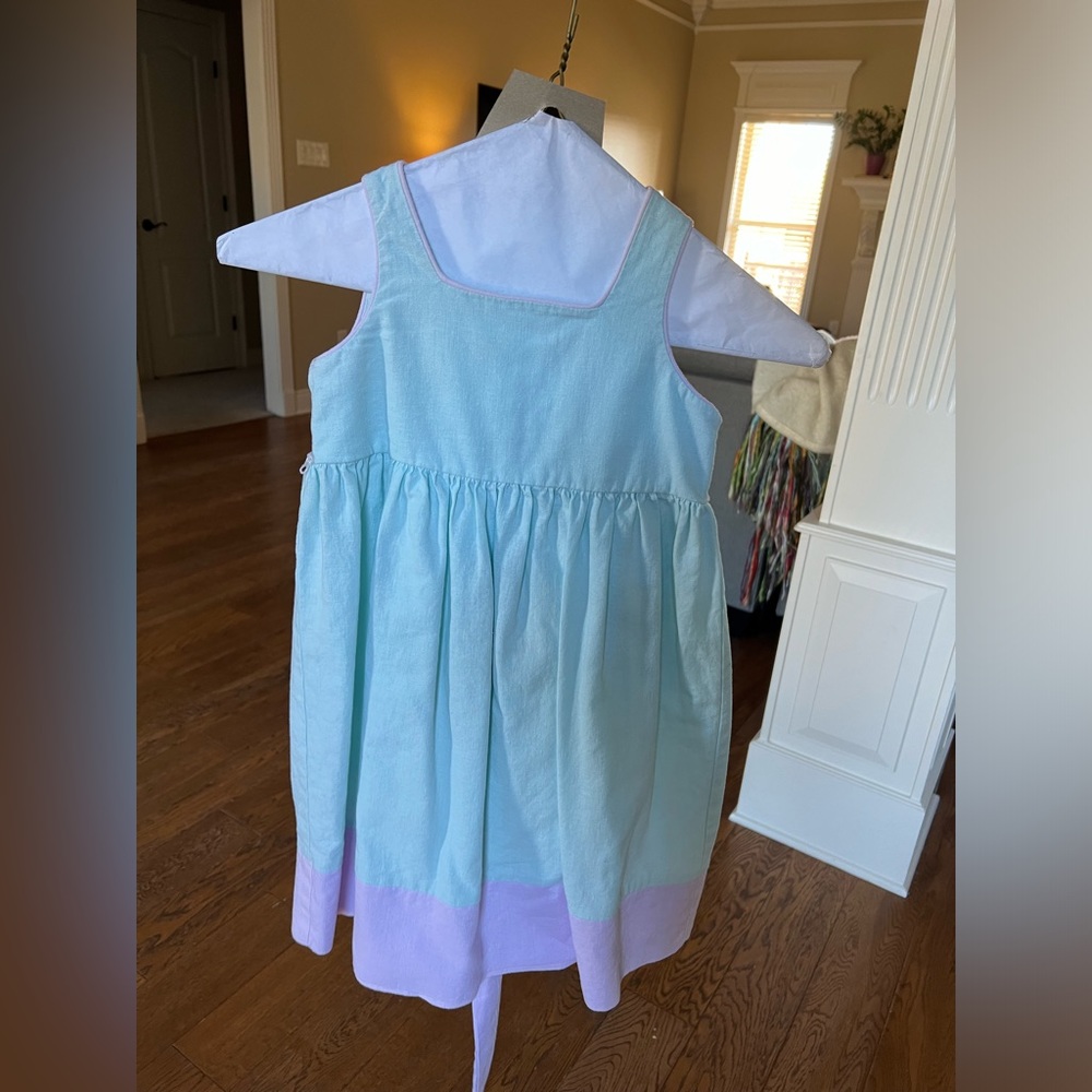 Heartstrings linen dress. Aqua and purple with sash. 4T